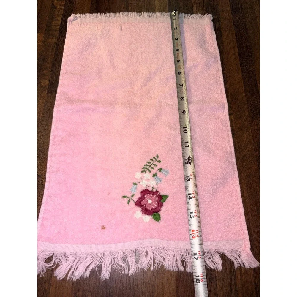 Vintage Pink Hand Towels Set of 2 Floral Embroidery Fringe Cottagecore Stains
